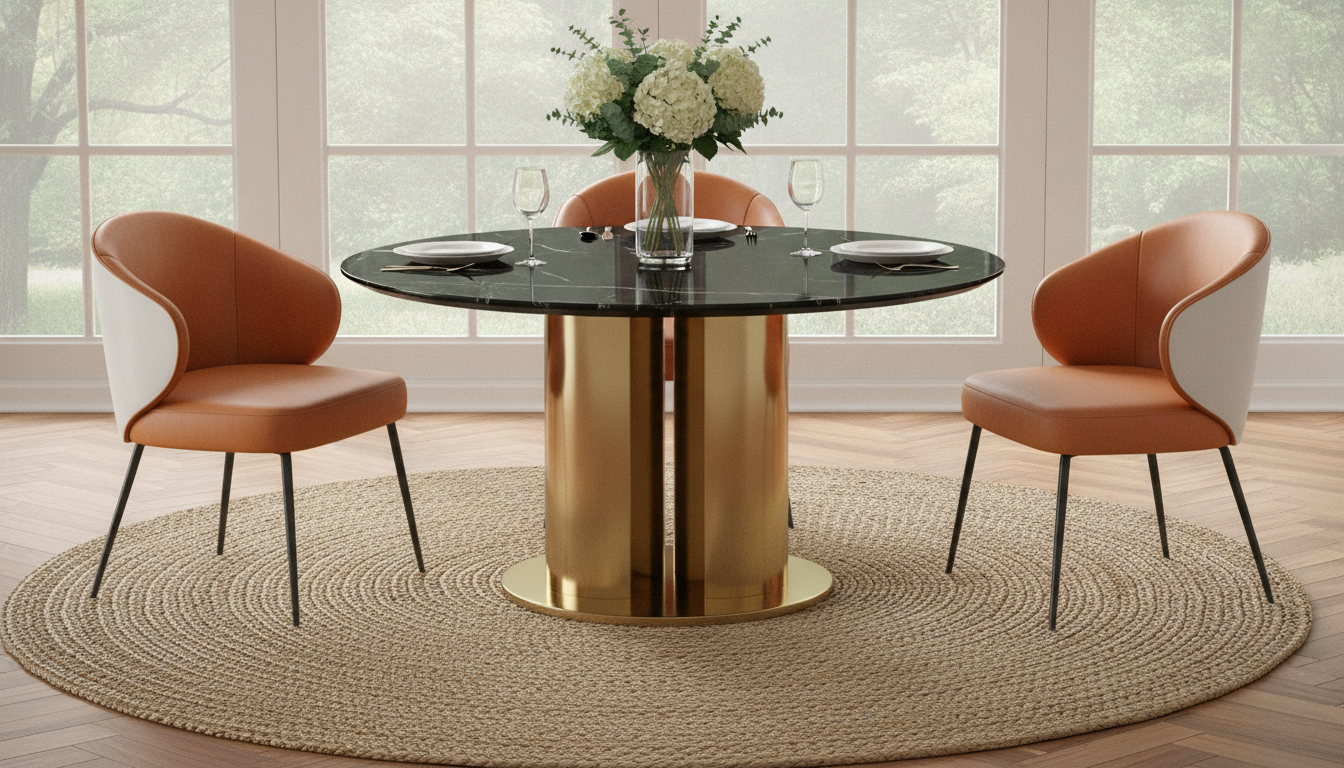 47-Inch Black Faux Marble Round Table, Gold Pedestal