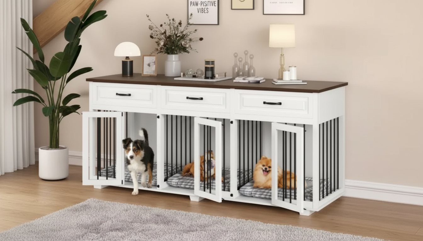 71-Inch Wooden Dog Crate: 3 Rooms + Storage Drawers