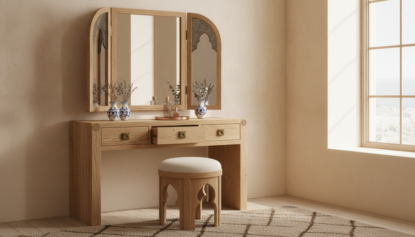 Rustic Modern Moroccan Oak Vanity Set: Mirror & Stool